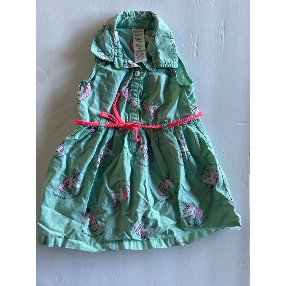 Carters Turquoise Unicorn Neon Pink Belted Sun Dress Girls Size 18 Mos